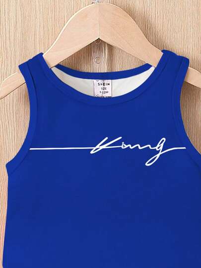 طقم صيفي للأولاد الرضع كاجوال به ملابس علوية بدون أكمام بطبعة الملك وشورت بلون أزرق