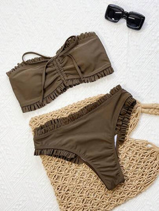 طقم تانكيني حريمي Swim Vcay بكيني أنيق للبنات ذو قصة صلبة وحزام شباك وكشكشة للاستخدام الكاجوال على شاطئ البحر في فصل الصيف، ملابس سباحة تانكيني للسيدات
