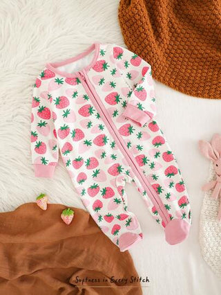 Cozy Pixies دعسوقة طويلة الأكمام بطبعة فراولة ناعمة مكتوفة للأطفال حديثي الولادة، مع بنطال طويل