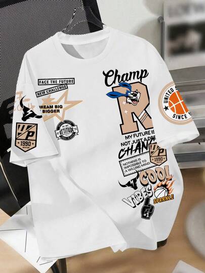 SHEIN قميص رجالي كاجوال بياقة طاقم قصير الأكمام، بتصميم مبسط، مناسب للصيف