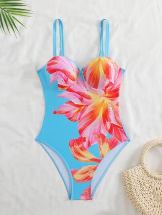 مايوه حريمي قطعة واحدة Swim SXY بدلة سباحة للنساء موديل جديد 2025، مشكل بكأس مرفوعة، طباعة زهرية، حلقة رقبة، ظهر مفتوح ومزودة بفيونكة، للشاطئ والإجازات