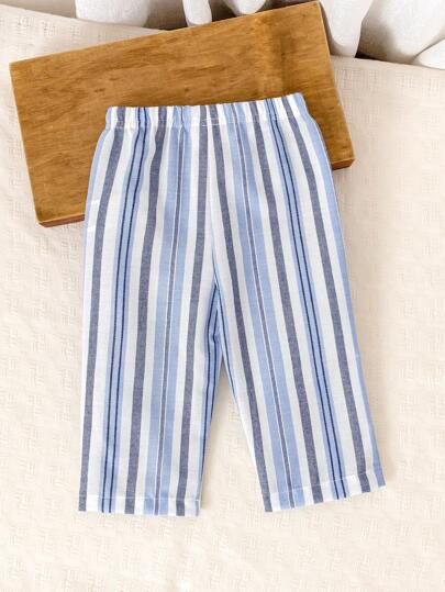SHEIN Playful Pals بنطلون أطفال أولاد كاجوال مخطط، أزرق، ربيع/صيف/خريف