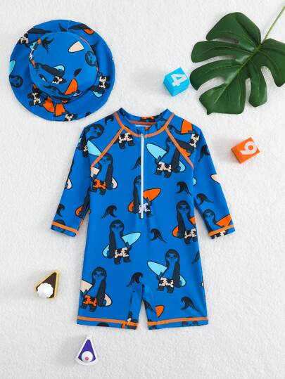 مايوه أولادي بذلة سباحة كاملة بأكمام طويلة مطبوع عليها حيوانات وقبعة للحماية من أشعة الشمس للأطفال الصغار، مناسبة للعطلات