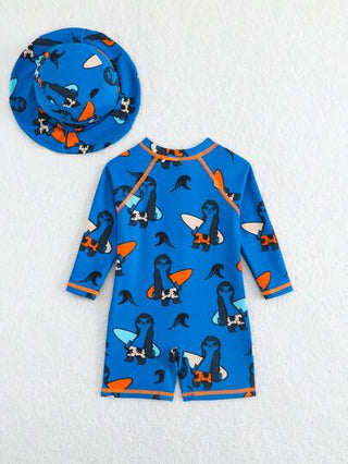 مايوه أولادي بذلة سباحة كاملة بأكمام طويلة مطبوع عليها حيوانات وقبعة للحماية من أشعة الشمس للأطفال الصغار، مناسبة للعطلات