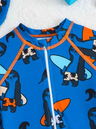 مايوه أولادي بذلة سباحة كاملة بأكمام طويلة مطبوع عليها حيوانات وقبعة للحماية من أشعة الشمس للأطفال الصغار، مناسبة للعطلات