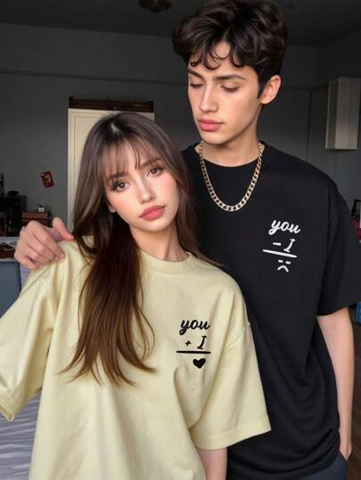 EZwear تي شيرت بأكمام قصيرة بياقة طاقم غير محكم مطبوع عليه "أنا وأنت" للنساء مناسبة للصيف، للأزواج المتطابقة