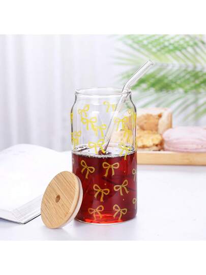 زجاج بغطاء وقصبة ,كوب ماء بنقش الفيونكة. كوب قهوة أمريكية مثلجة, زجاجة ماء زجاجية, إبريق زجاجي, كوب شراب. مناسب للقهوة والمشروبات الغازية والعصائر والكابتشينو والشاي (ديكور مطبوع يدويًا، قد توجد اختلافات طفيفة في الألوان بين الصور والمنتج الفعلي)