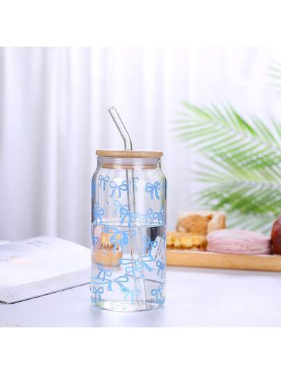 زجاج بغطاء وقصبة ,كوب ماء بنقش الفيونكة. كوب قهوة أمريكية مثلجة, زجاجة ماء زجاجية, إبريق زجاجي, كوب شراب. مناسب للقهوة والمشروبات الغازية والعصائر والكابتشينو والشاي (ديكور مطبوع يدويًا، قد توجد اختلافات طفيفة في الألوان بين الصور والمنتج الفعلي)