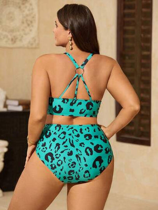 Swim Lushoire 3 قطع من طقم الستر الأعلى مفتوح الظهر مخطط بطبعة الفهد وشورت ذو خصر عالي مناسب للمقاسات الكبيرة، مناسب لإطلالات الصيف والعطلات الشاطئية