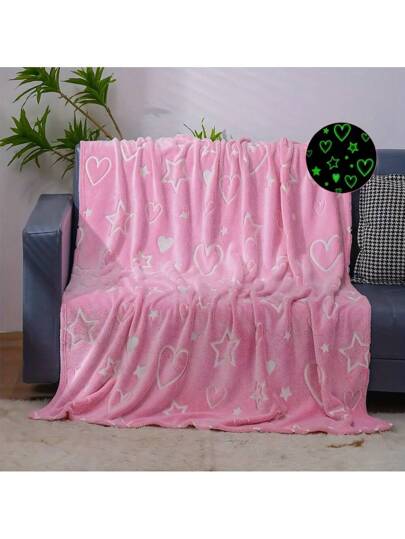 قطعة واحدة من بطانية تضيء في الظلام بنقوش النجوم والقلوب أو النجوم والقمر ، هدية مثالية للأحبة بمناسبة عيد الميلاد أو أو عيد الهالوين، بطانية ناعمة ودافئة للاستخدام على الأرائك أو السرير أو في المكتب أو التخييم