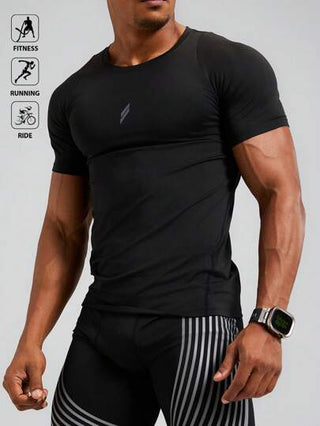 Manfinity Sport Polished قميص رياضي للرجال بطباعة حرفية وياقة مستديرة وأكمام قصيرة، ملابس صيفية للتمرين والركض