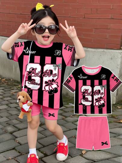 ملابس رياضية أطفال 2قطعة مجموعة تي شيرت كاجوال مع شورت للفتاة ، بطبعة رقم 32 وفيونكة ، مناسبة للصيف