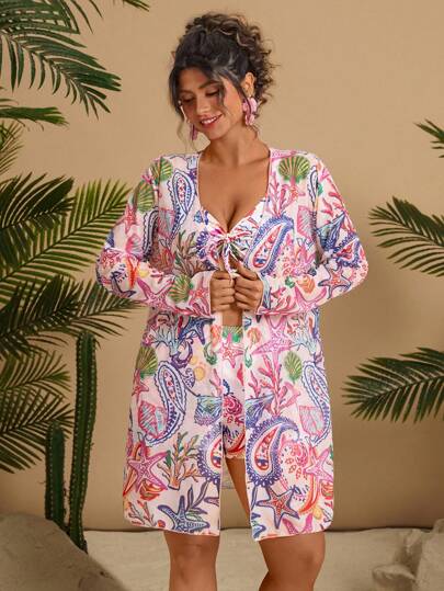 Travachic 3 قطع بيكيني إطار سباغيتي مع طبعات نباتات استوائية وجاكيت بأكمام طويلة للمقاسات الكبيرة