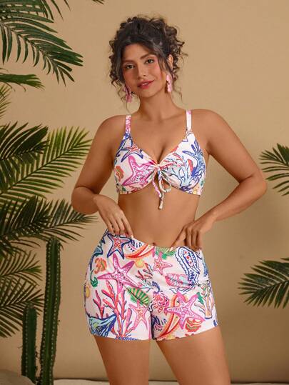 Travachic 3 قطع بيكيني إطار سباغيتي مع طبعات نباتات استوائية وجاكيت بأكمام طويلة للمقاسات الكبيرة