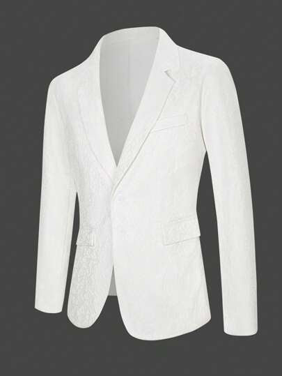 Manfinity Bizformal بليزر كاجول بنقشة زهور صغيرة قصة ضيقة للرجال، للارتداء في المكتب والأعمال المكتبية باللون الأبيض