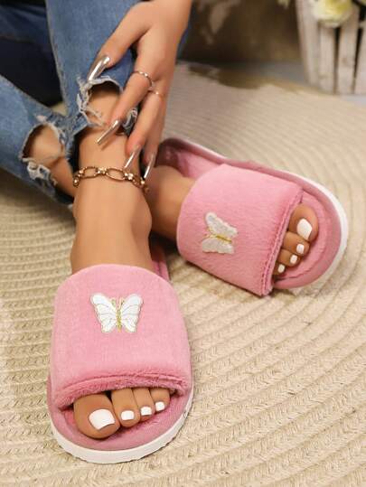 نعال نوم فضفاضة ناعمة مبطنة مفتوحة الأصابع مطرزة بشكل فراشة، ملائمة للاستخدام في المنزل والغرف، متناسبة لجميع الفصول ، خفيفة الوزن