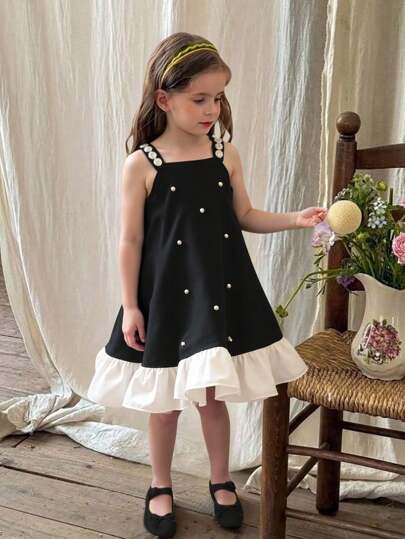 فستان أنيق بخط الألف بلا أكمام مزين بالدرع للفتيات الصغيرات