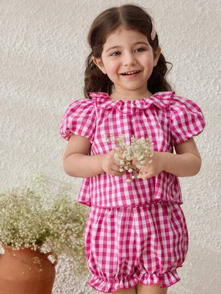 Blossori طقم بلوزة وشورت للبنات الرضع، بطراز منتجع ريفي، باللون الوردي المربع المكسر الذيل، كم منتفخ