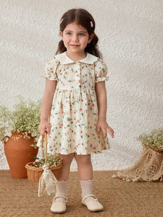 فساتين بيبي Blossori فستان بياقة ريفية مطبوع بالزهور للبنات الصغار مع أكمام منتفخة