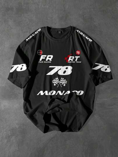 Manfinity Streetrush قميص كاجوال بياقة مستديرة وأكمام قصيرة بطبعة حرفية للرجال ، صيفي