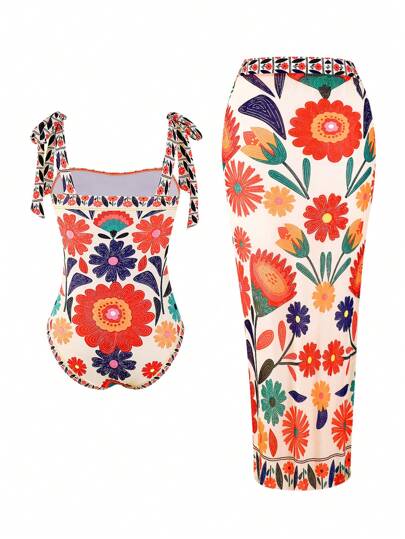 Swim Oasis ملابس سباحة قطعة واحدة مطبوعة مع أشرطة للنساء ذوات الحجم الكبير، مجموعة قطعتين لملابس الشاطئ اليومية