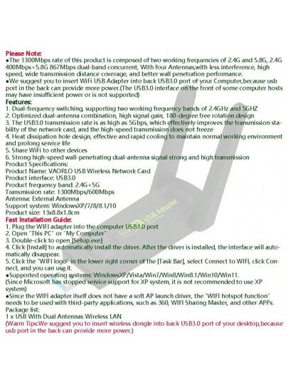 محول واي فاي USB3.0 بمعدل 1300 ميجابت في الثانية من VAORLO مزدوج الفرقة 2.4 جيجا هرتز 5 جيجا هرتز بدون سائق واي فاي دونغل هوائي بطاقة شبكة Ethernet USB متلقي إشارة قوية عالية السرعة ، يو اس بي لاسلكي للكمبيوتر ويندوز 10/11 سهل التركيب والتشغيل