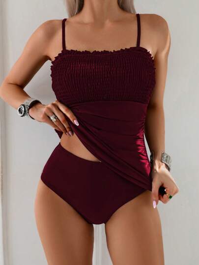 طقم تانكيني حريمي Swim Basics طقم بكيني للسيدات يتكون من: ملابس علوية قصيرة مكشكشة بلون سادة وسروال سفلي، مجموعة ملابس السباحة