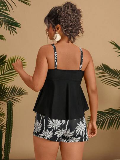 Travachic بدلة سباحة كاجوال متكونة من قطعتين مع نمط أشجار النخيل المدمج بألوان متباينة وقصة وسط نحيفة لإزالة الترهلات مناسب لحجم زائد للنساء, للصيف