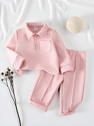 SHEIN Vintaside Kids 2 قطعة طقم للفتيات الرضع ملابس علوية كم طويل كاجوال + بنطال كحلي، مناسب للخروج أو الإسترخاء