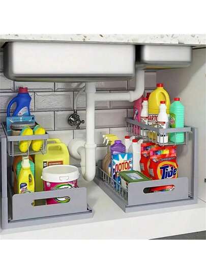 رف مطبخ ضمن الحوض منصة معدنية تحرك ممعدنية ستانلس ستيل من طبقتين، كبير السعة لتخزين المطابخ والحمامات، مقاوم للصدأ، منظم خزانة، تخزين مواد التنظيف، منظم حوض غسيل، موفر للمساحة