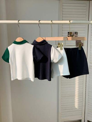 SHEIN مجموعة ملابس 4 قطع لطفل ذكر، بلوزة بولو متعددة الألوان محبوكة بطراز كوري عصري وشورت، مناسبة لحفلات عيد الميلاد والحفلات المسائية والأعراس وحفلات استقبال المولود