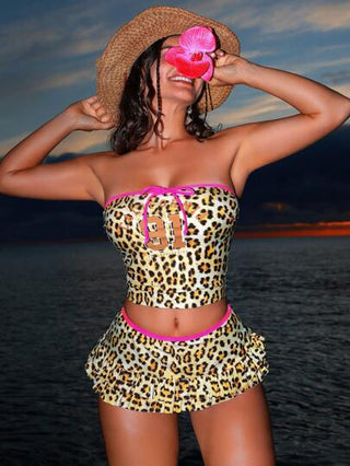طقم تانكيني حريمي Swim SXY مجموعة ملابس سباحة نقشة فهد قطعتين، بنطال سباحة وصدرية باندو مع سحاب للنساء ، ملابس شاطئية صيفية عادية