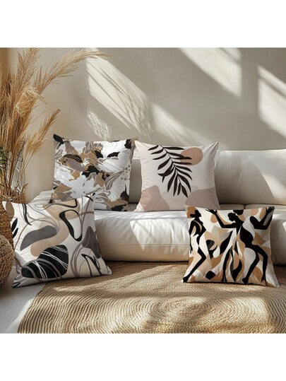 4 أغطية وسائد بنمط هندسي بني وأوراق، مطبوعة على جانب واحد من مادة مخملية، بمقاس 45*45 سم/18*18 بوصة، مناسبة لديكور الغرف، أريكة منزلية حديثة، هدايا، ديكور الأحداث