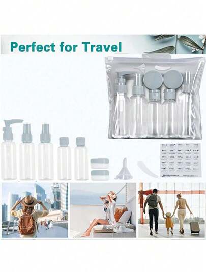 10 قطعة / مجموعة مجموعة زجاجات سفر، قابلة لإعادة التعبئة، محمولة، مانعة للتسرب، عبوات سفر، مناسبة لجل الاستحمام والشامبو ومنتجات العناية بالبشرة والتغليف المنزلي ومستلزمات السفر والأدوات الجمالية، هدايا عيد الميلاد للعطلات، ديكور حمام المنزل، الصيف