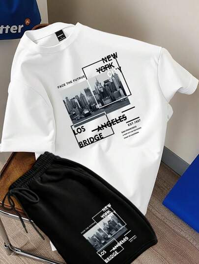 Manfinity Hypemode طقم تي شيرت بياقة طاقم وأكمام قصيرة مطبوع عليه شعار ، وشورت خصر ربطة للرجال