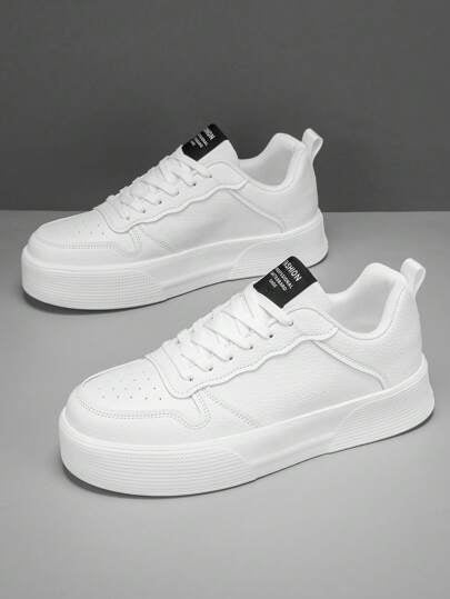 أحذية رياضية كلاسيكية أساسية بسيطة للرجال، بسوليد أبيض، بتسريحة أربطة، منخفضة القمة، للاستخدام اليومي والخارجي، أحذية سكيت بورد