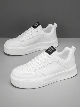 أحذية رياضية كلاسيكية أساسية بسيطة للرجال، بسوليد أبيض، بتسريحة أربطة، منخفضة القمة، للاستخدام اليومي والخارجي، أحذية سكيت بورد