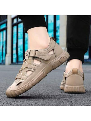 صنادل صيفية للرجال، صنادل شرائح خارجية مصنوعة يدويًا للرجال، أحذية مغلقة مضادة للانزلاق، صنادل شاطئ عصرية ومريحة للرجال (بنمط غير متماثل، خياطة يدوية، اتجاهات الغرز عشوائية)