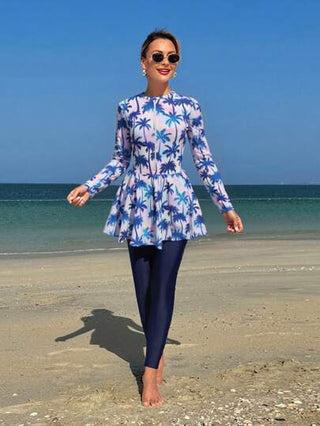 Swim Shayni طقم من شقتين للمرأة: توب وأسفل بوركيني ، طبعة أشجار النخيل الملونة، توب قصير بأكمام طويلة وسحاب نصفي، وفستان قصير قصة A-شكل