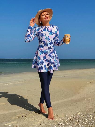 Swim Shayni طقم من شقتين للمرأة: توب وأسفل بوركيني ، طبعة أشجار النخيل الملونة، توب قصير بأكمام طويلة وسحاب نصفي، وفستان قصير قصة A-شكل