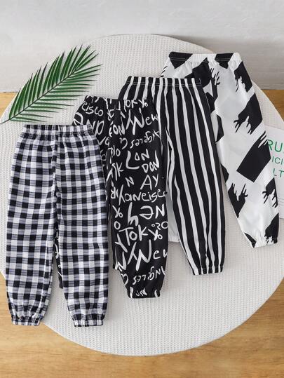 4 قطع حزمة بنطلونات خاصة بالأولاد بخصر مطاطي منسوجة بنقشة منقوشة، طباعة رقمية بخطوط فرشاة غير متناظرة وأحرف إنجليزية، مناسبة للأناقة اليومية والخروجات والسفر والمناسبات والأعياد