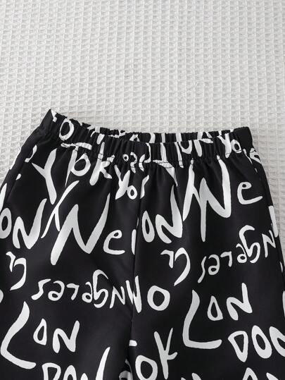 4 قطع حزمة بنطلونات خاصة بالأولاد بخصر مطاطي منسوجة بنقشة منقوشة، طباعة رقمية بخطوط فرشاة غير متناظرة وأحرف إنجليزية، مناسبة للأناقة اليومية والخروجات والسفر والمناسبات والأعياد