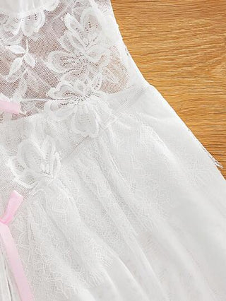 لانجيري حريمي FairyFlirt قميص نوم نسائي أنيق برقبة مفتوحة، طبقات متعددة، فانتازيا وردي وأبيض، مصنوع من الساتان والشيفون والرباط المزين بالأزهار الناعمة، مناسب للأجازات