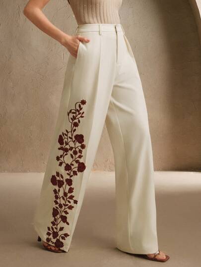 Anewsta بنطال أنيق مطرز بالزهور للنساء للملابس الرسمية العملية، بطقم ربيعي/صيفي