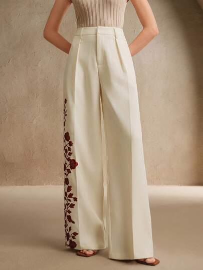 Anewsta بنطال أنيق مطرز بالزهور للنساء للملابس الرسمية العملية، بطقم ربيعي/صيفي