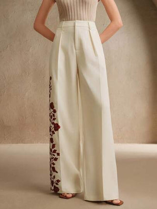 Anewsta بنطال أنيق مطرز بالزهور للنساء للملابس الرسمية العملية، بطقم ربيعي/صيفي