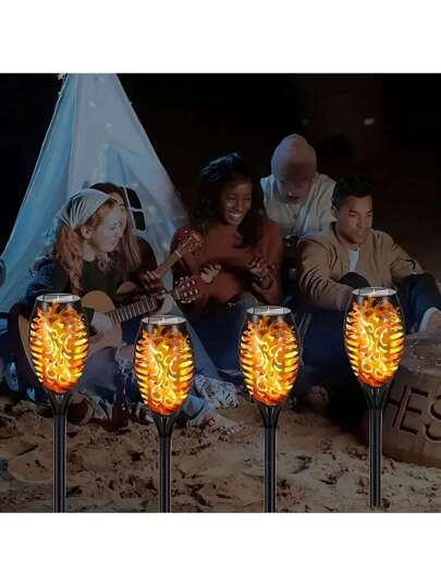 إضاءة ضوئية شمسية خارجية ذات إضاءة دافئة للمسارات - 1/4/8/16 قطعة من إضاءة الحديقة الشمسية ذات ألواح شمسية، بتأثير لهب واقعي، مقاومة للماء IP65، للتخييم والديكور العطلات، إضاءة المساحات الخارجية، الحديقة، الفناء