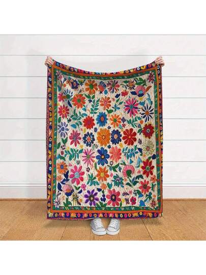 بطانية فلانيل مطرزة بنقوش الأزهار البوهيمية الحيوية قطعة واحدة - بطانية ناعمة، دافئة، وألوان زاهية للسفر والأريكة والسرير أو المكتب - هدية متعددة الاستخدامات على مدار العام للبالغين، خفيفة الوزن ودافئة، بطانية مناسبة لجميع الفصول مع طباعة رقمية حيوية