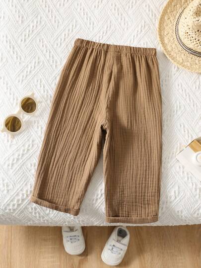 SHEIN بنطلون صيفي أطفال بناتي/بنات مريح مرتخي ذو خصر مطاطي مطوي فضفاض باللون البني الكافيه