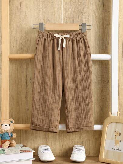 SHEIN بنطلون صيفي أطفال بناتي/بنات مريح مرتخي ذو خصر مطاطي مطوي فضفاض باللون البني الكافيه